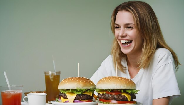 Foto eine frau nimmt einen großen bissen von einem dicken hamburger
