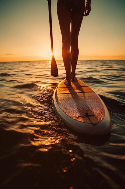 Eine Frau paddelt auf dem Meer, während die Sonne hinter ihr untergeht.