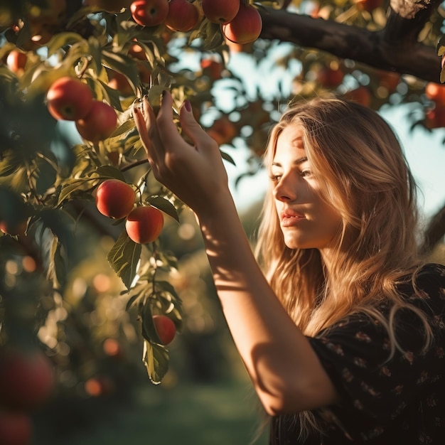 Foto eine frau pflückt äpfel von einem apfelbaum