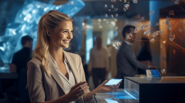 Eine Frau präsentiert ein Handy vor einer Vitrine