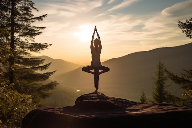 Eine Frau praktiziert Yoga auf einem Felsen, die Sonne im Rücken.