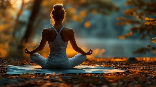 Eine Frau praktiziert Yoga in einem ruhigen Herbstwald