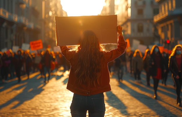 Eine Frau protestiert während eines Streiks auf der Straße Eine junge Aktivistin marschierte mit einem leeren Schild auf der Straße.