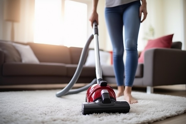 Eine Frau reinigt den Teppich mit einem Staubsauger im Raum Staubsaugerdecke reinigt