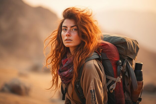 Foto eine frau reist in den bergen, eine touristin mit rucksack im freien.