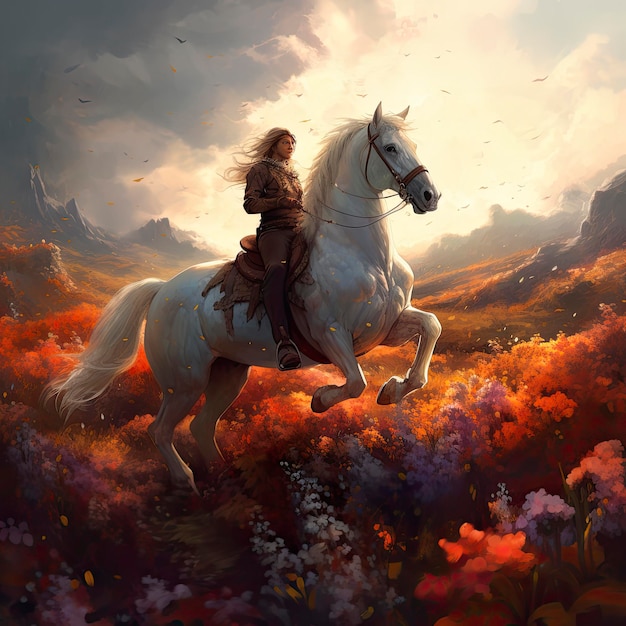 Eine Frau reitet auf einem weißen Pferd in einem Blumenfeld.