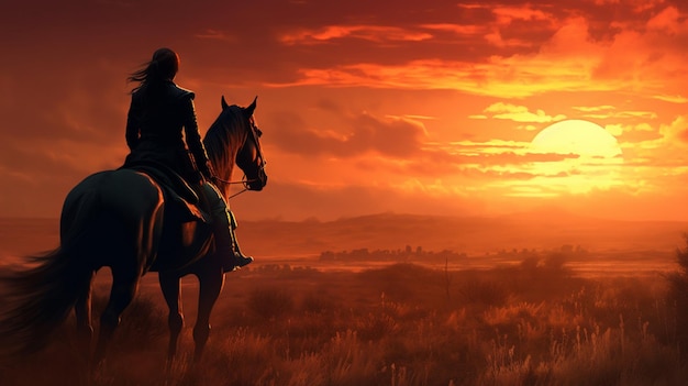 Eine Frau reitet bei Sonnenuntergang auf einem Pferd auf einem Feld