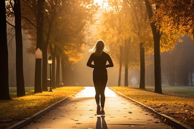 Eine Frau rennt einen Weg in einem Park entlang