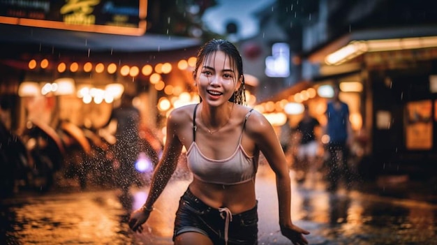 Eine Frau rennt im Regen in Bangkok