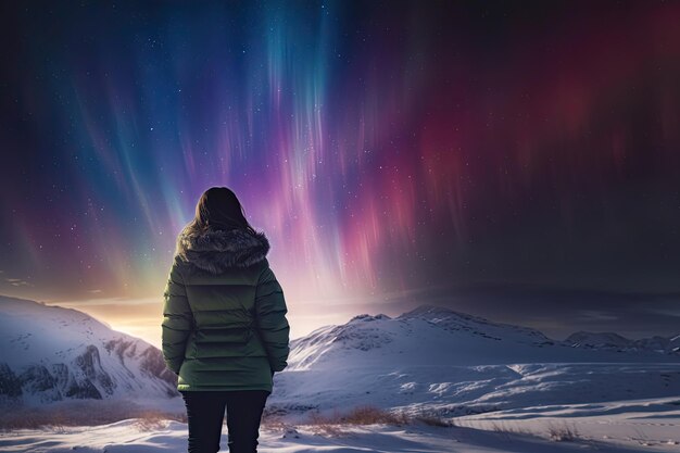 Foto eine frau schaut auf das nordlicht