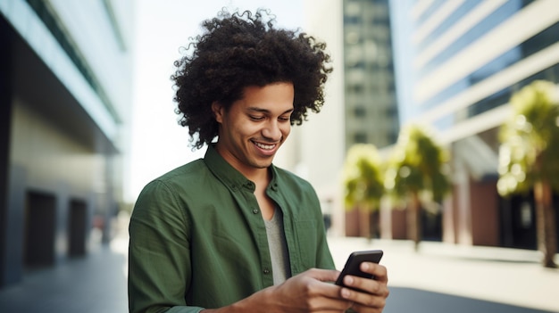 Eine Frau schaut auf ihr Smartphone, während sie auf einem städtischen Bürgersteig mit Gebäuden im Hintergrund steht