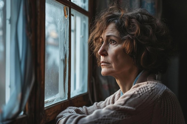 Eine Frau schaut aus dem Fenster auf den Regen