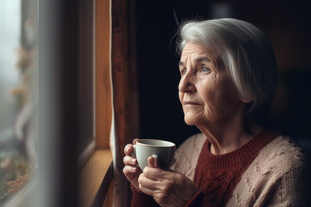 Eine Frau schaut aus dem Fenster und hält eine Tasse Kaffee in der Hand.