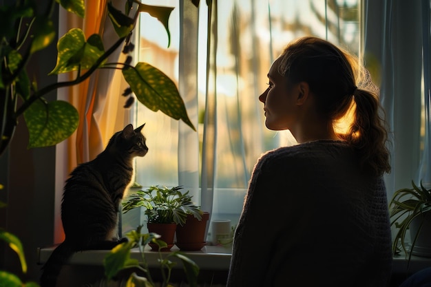 Eine Frau schaut durch ein Fenster auf eine Katze