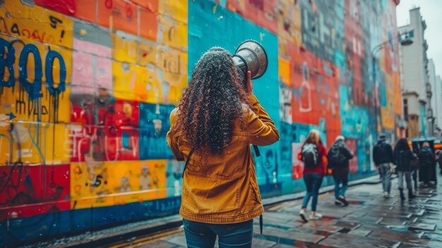 eine Frau schaut durch eine farbenfrohe Wand mit einem großen Bild einer Frau, die ein Foto von einem Gebäude nimmt