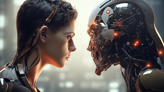 Eine Frau schaut in die Augen eines Roboters