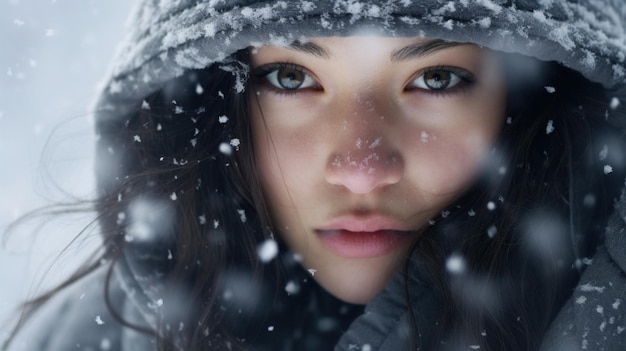 Foto eine frau schaut in die kamera, während sie im schnee steht