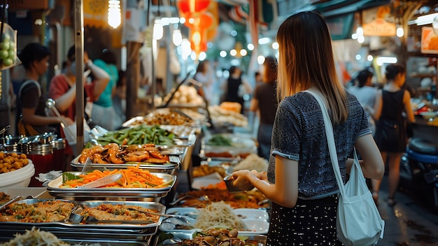 Eine Frau schaut sich das Essen auf einem Straßenmarkt an. Es gibt viele verschiedene Arten von Essen zur Auswahl. Die Frau versucht zu entscheiden, was sie essen will.