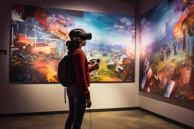 eine Frau schaut sich eine Ausstellung von Virtual-Reality-Gemälden an.
