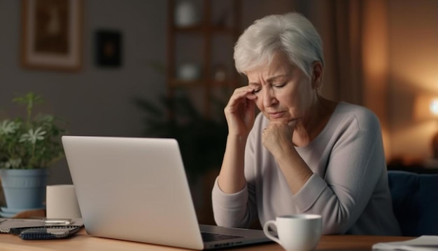 eine Frau schaut sich einen Laptop mit einer Tasse Kaffee vor sich an