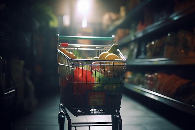 Eine Frau schiebt einen Einkaufswagen im Supermarkt