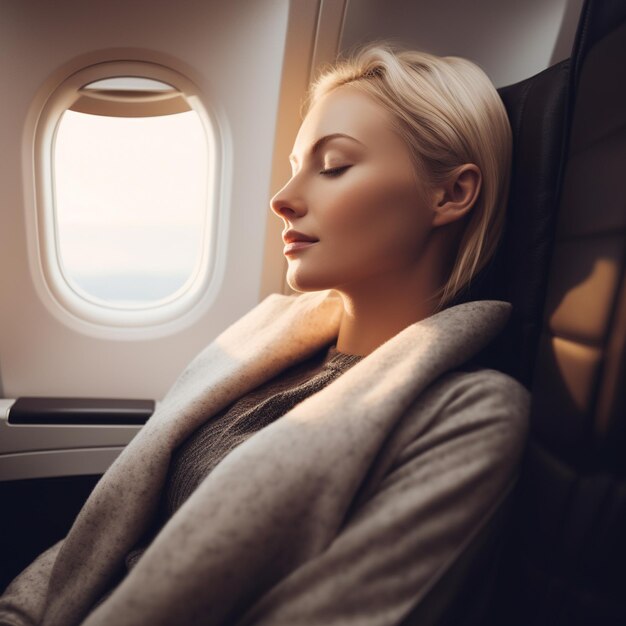 Eine Frau schläft auf einem Flugzeugsitz. KI-generiert.