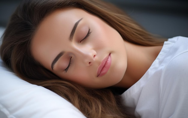 Eine Frau schläft auf einem quadratischen weißen Kissen, Nahaufnahme der Person, die auf dem Kissen schläft