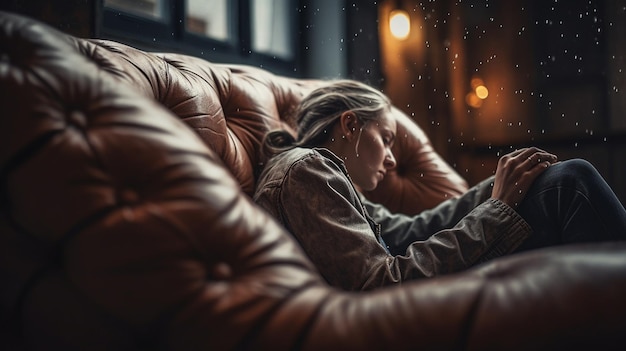 Eine Frau schläft auf einer Ledercouch mit einem Fenster hinter ihr.