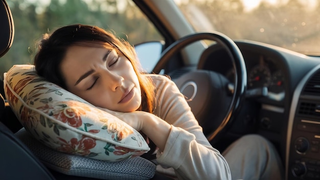 Eine Frau schläft in einem Auto auf einem Autokissen