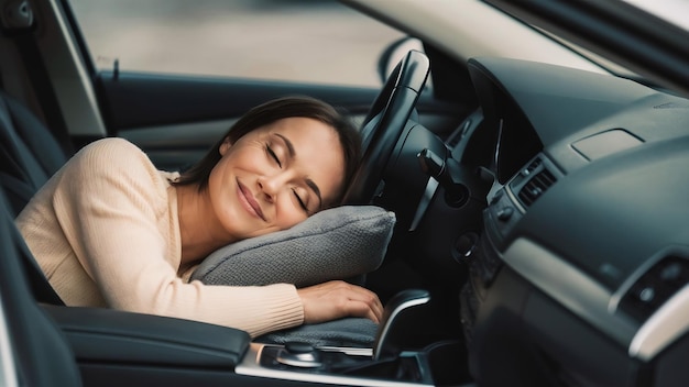 Eine Frau schläft in einem Auto auf einem Autokissen