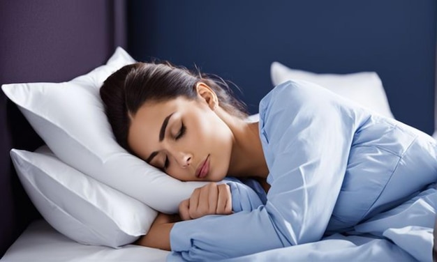 eine Frau schläft in einem Bett mit einem Kissen und einer blauen Decke
