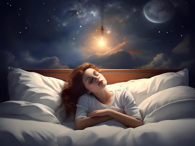 eine Frau schläft in einem Bett mit einem Mond im Hintergrund