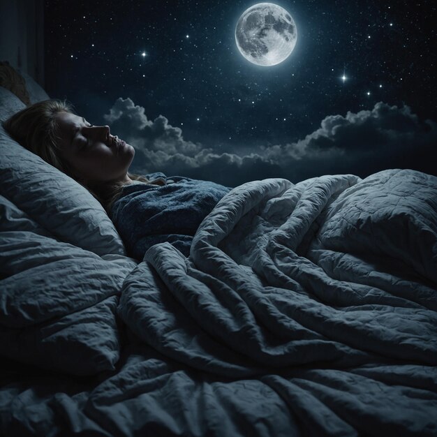 eine Frau schläft in einem Bett mit einem weißen Bademantel