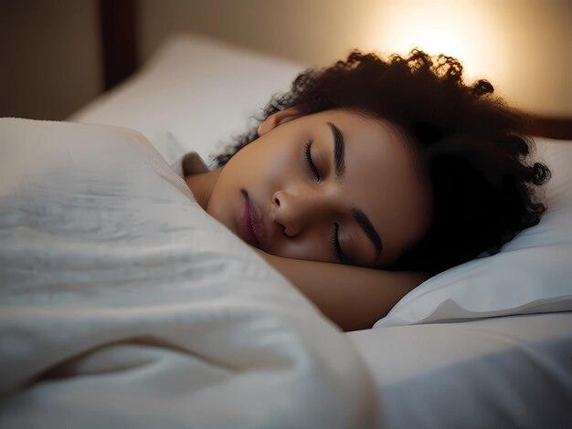 eine Frau schläft in einem Bett mit einem weißen Laken, auf dem steht, dass sie schläft