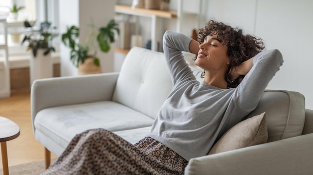 eine Frau schläft mit geschlossenen Augen auf einer Couch