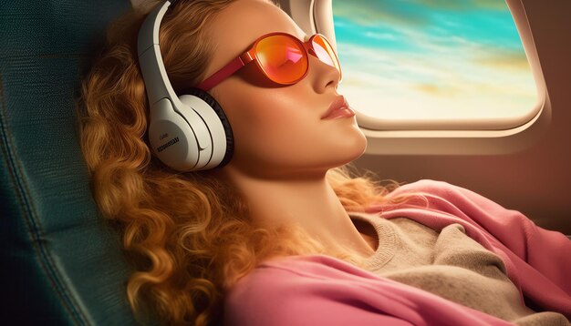Eine Frau schläft mit Kopfhörern im Flugzeug