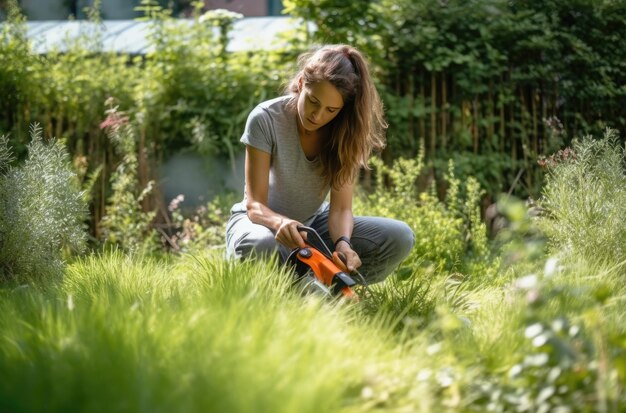 Eine Frau schneidet Gras in einem Garten