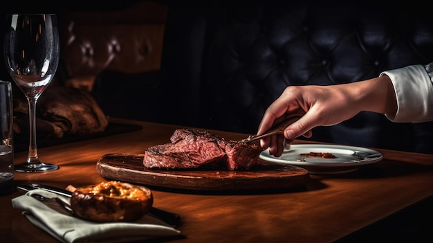 Foto eine frau schneidet im steakhouse ein steak