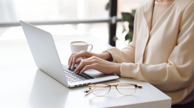 Foto eine frau schreibt auf einem laptop mit einer tasse kaffee im hintergrund