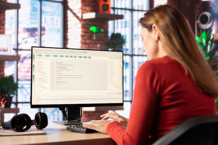 Foto eine frau schreibt aufforderungen in ein ki-betriebenes chat-system auf ihrem computer ein