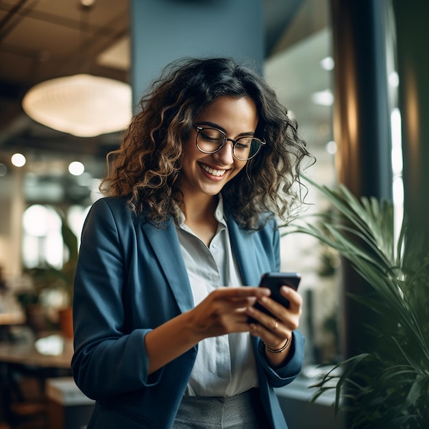 Eine Frau schreibt eine SMS auf ihrem Telefon und lächelt