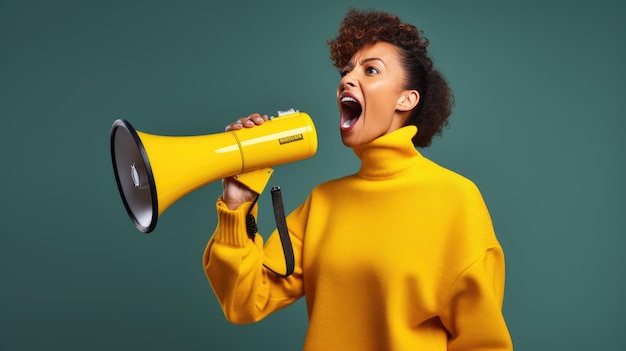 Eine Frau schreit freudig in ein Megafon vor einem farbenfrohen Hintergrund