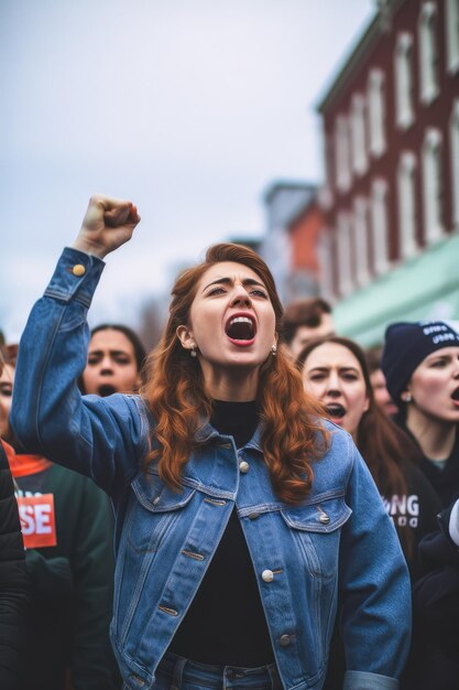 Eine Frau schreit und hebt die Faust mit einer Gruppe von Demonstranten auf der Straße