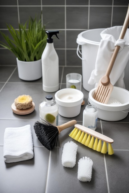 Eine Frau schrubbt eine Badewanne mit einem Schwamm und Reiniger