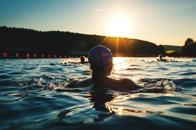 eine Frau schwimmt bei Sonnenuntergang im Wasser