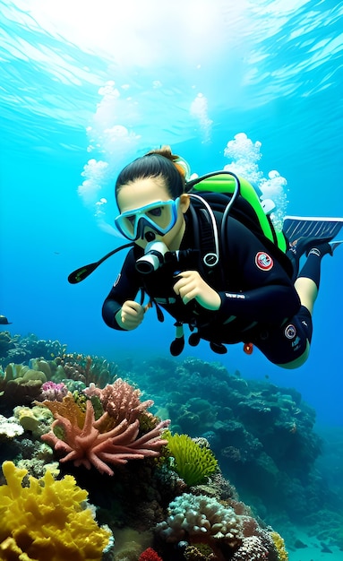 Eine Frau schwimmt im Wasser und trägt einen grünen Tauchanzug.