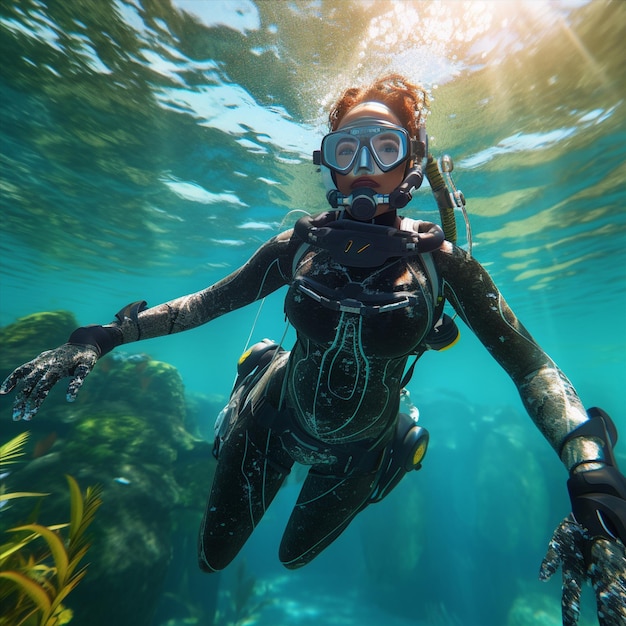 Eine Frau schwimmt unter Wasser und trägt einen Taucheranzug
