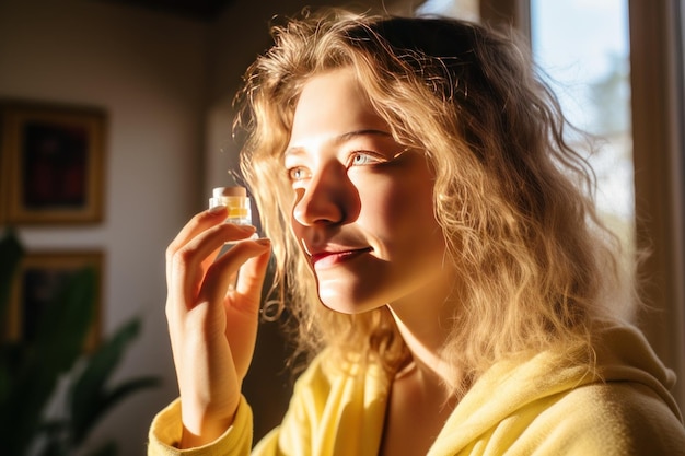 Eine Frau setzt Augenschmiermittel auf, um trockene Augen oder Allergien zu behandeln