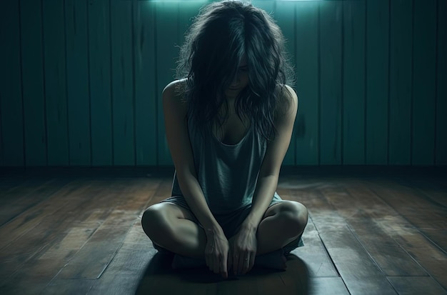 Eine Frau sieht deprimiert auf einem Holzboden im Verhüllungsstil aus