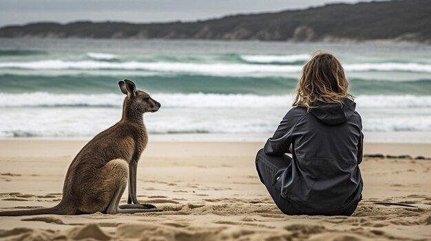 Foto eine frau sitzt am strand mit einem känguru im sand